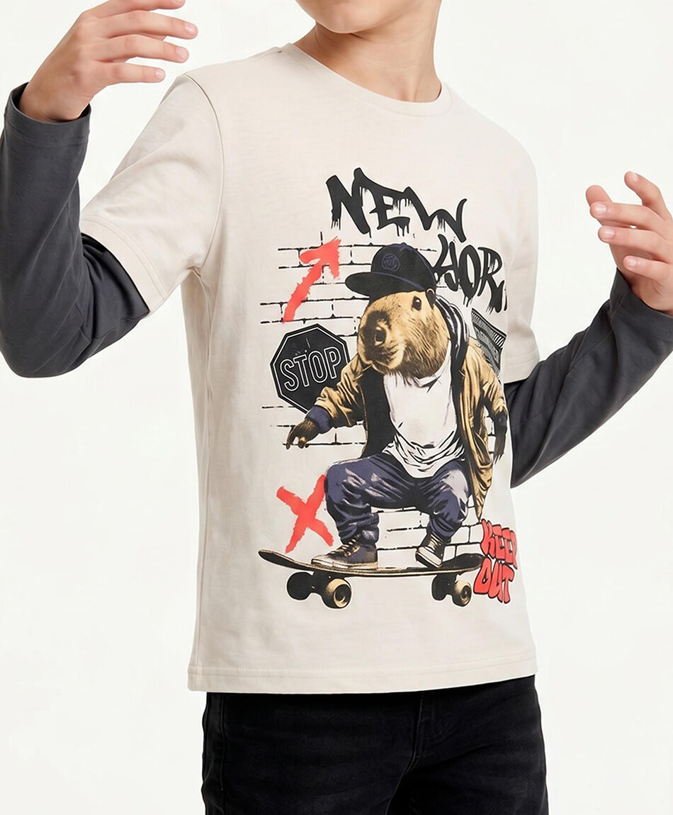 Polera ni&ntilde;o manga larga capibara skate