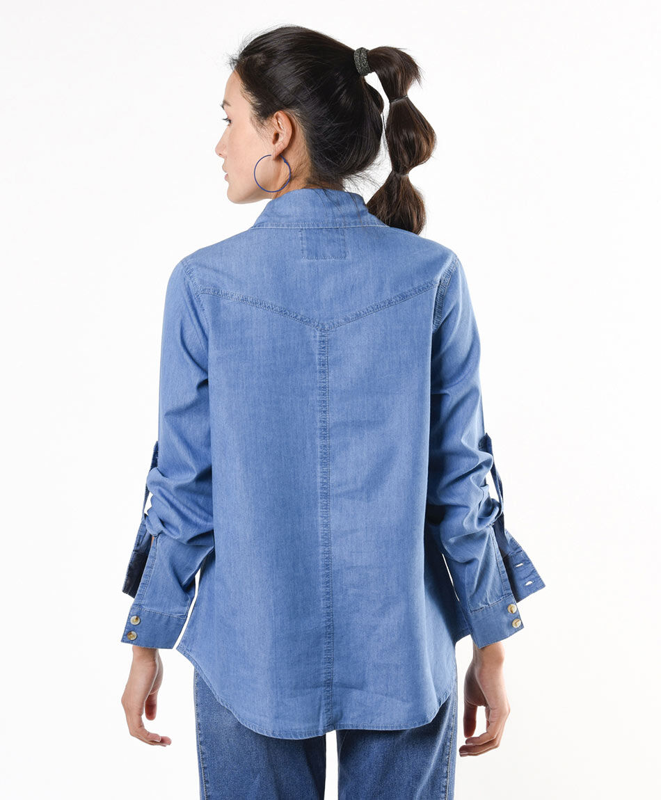 Blusa mujer denim bolsillos superiores
