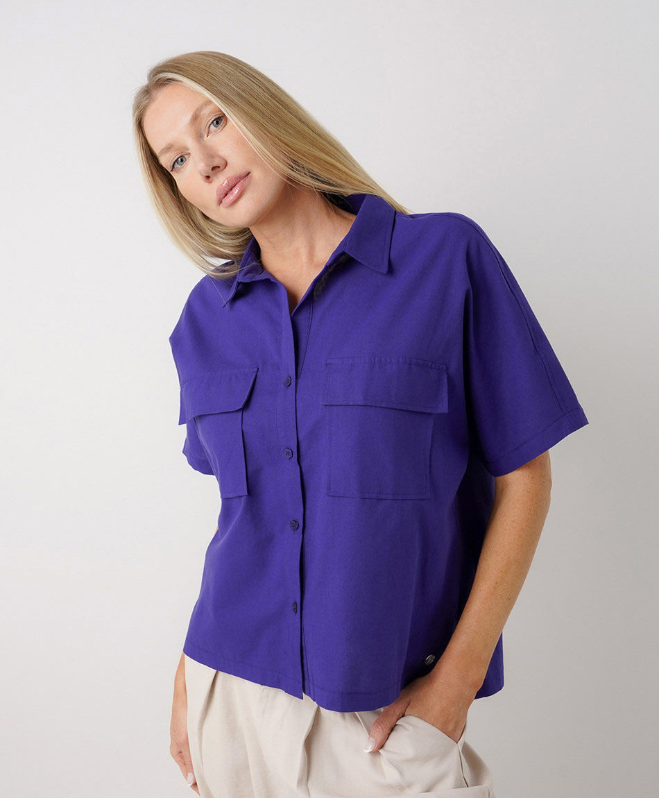 Blusa mujer lino morada bolsillos