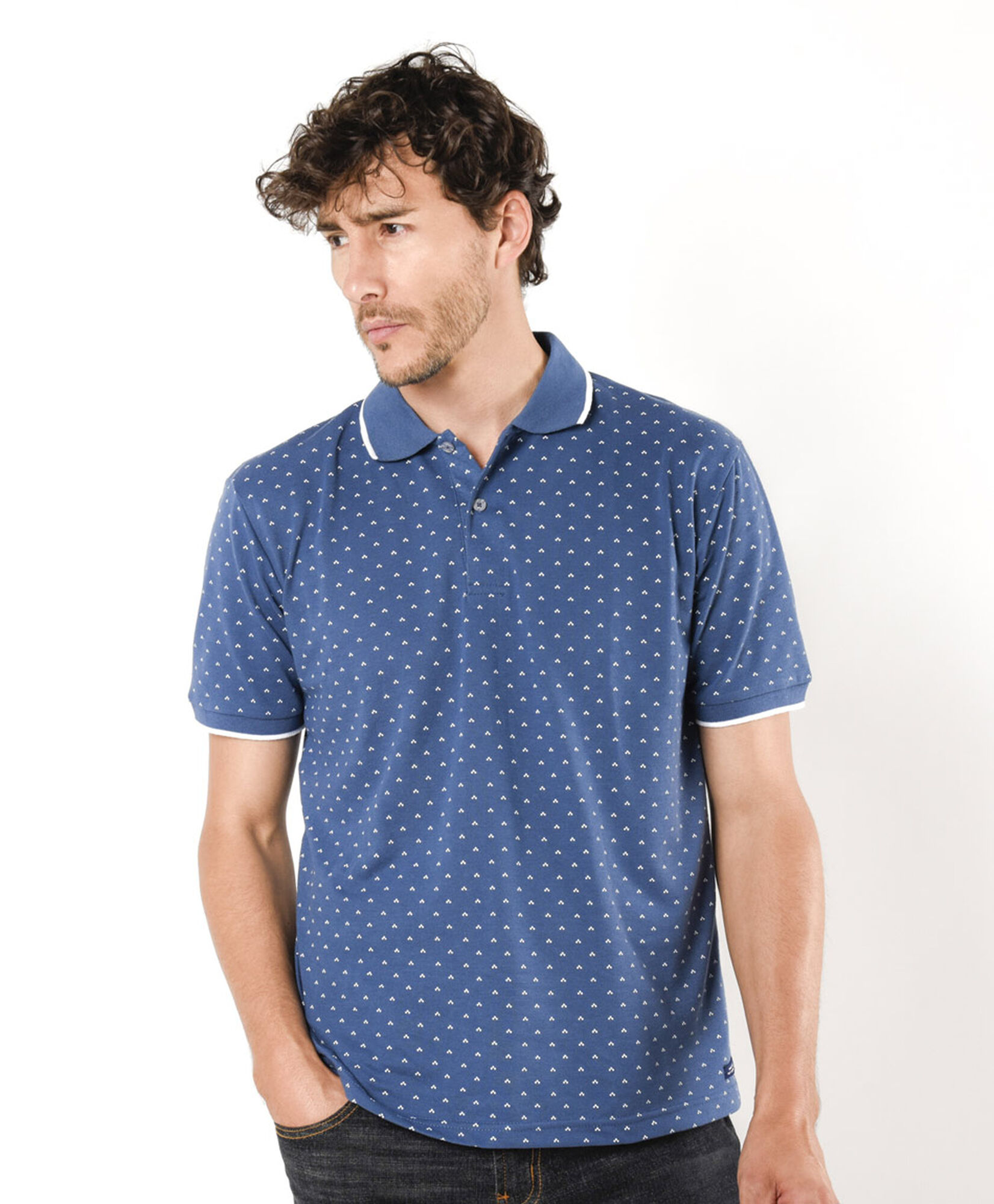 Polera hombre puntitos azul cuello piqué Polera hombre puntitos azul cuello piqué