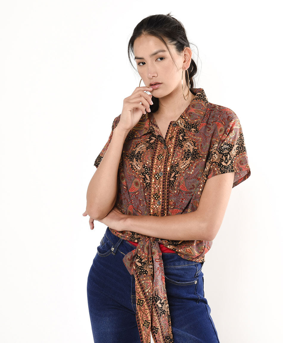 Blusa mujer cuello camisero nudo