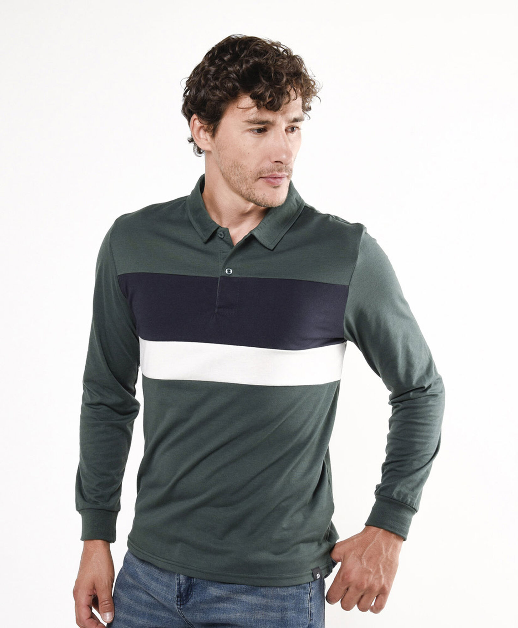 Polera hombre líneas cuello piqué tricolor Polera hombre líneas cuello piqué tricolor
