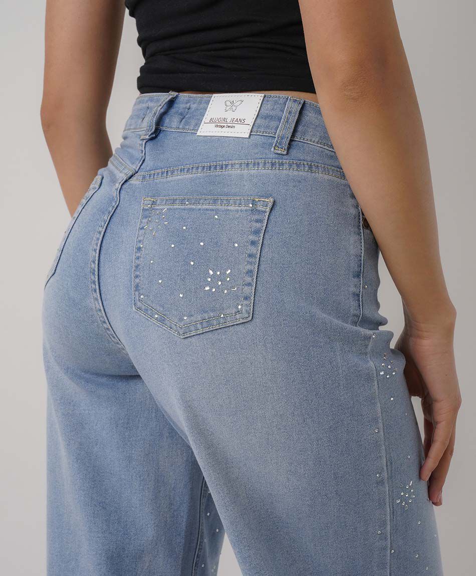 Jeans mujer wide leg estrellas brillos