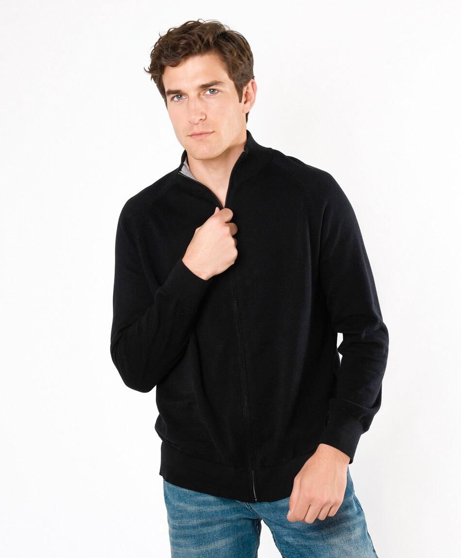 Sweater hombre liso negro cierre
