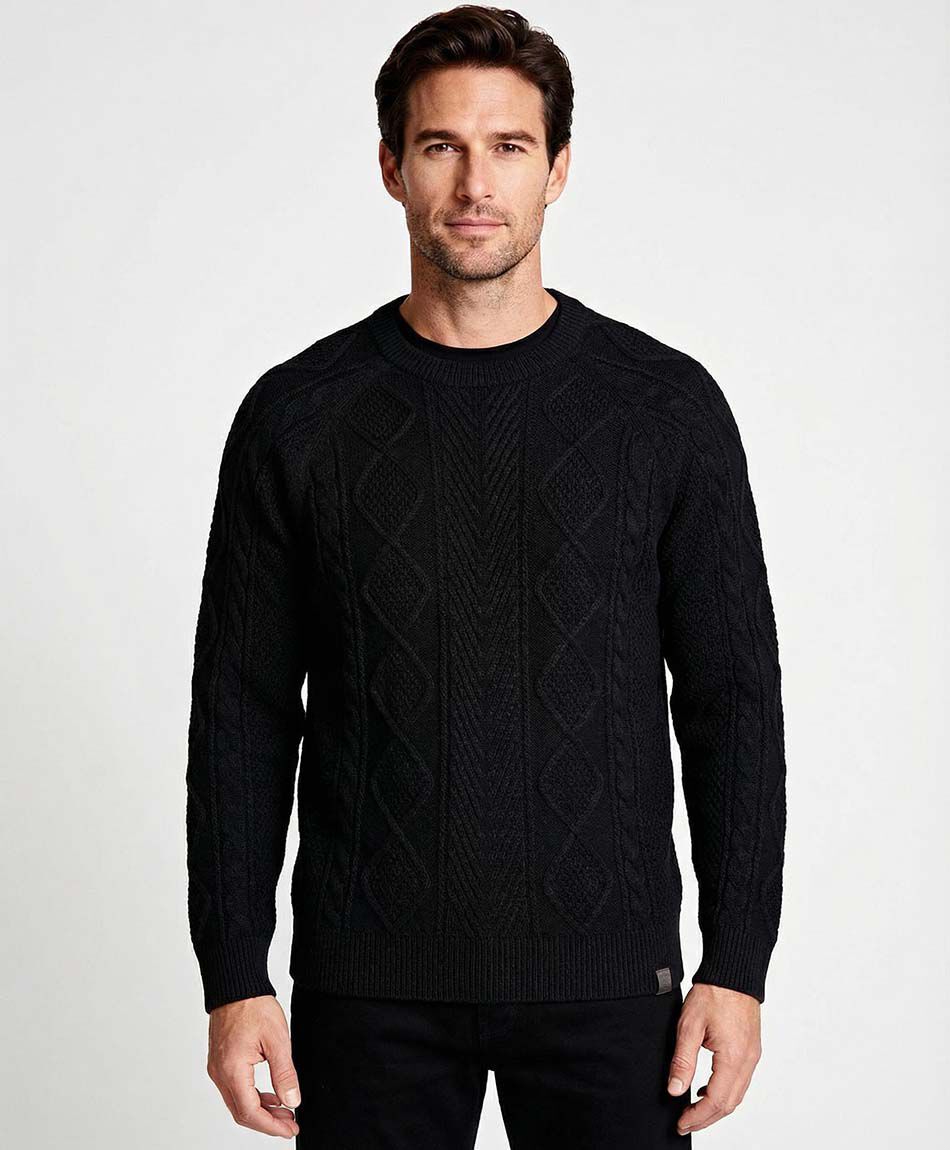 Sweater hombre cuello redondo trenzado negro
