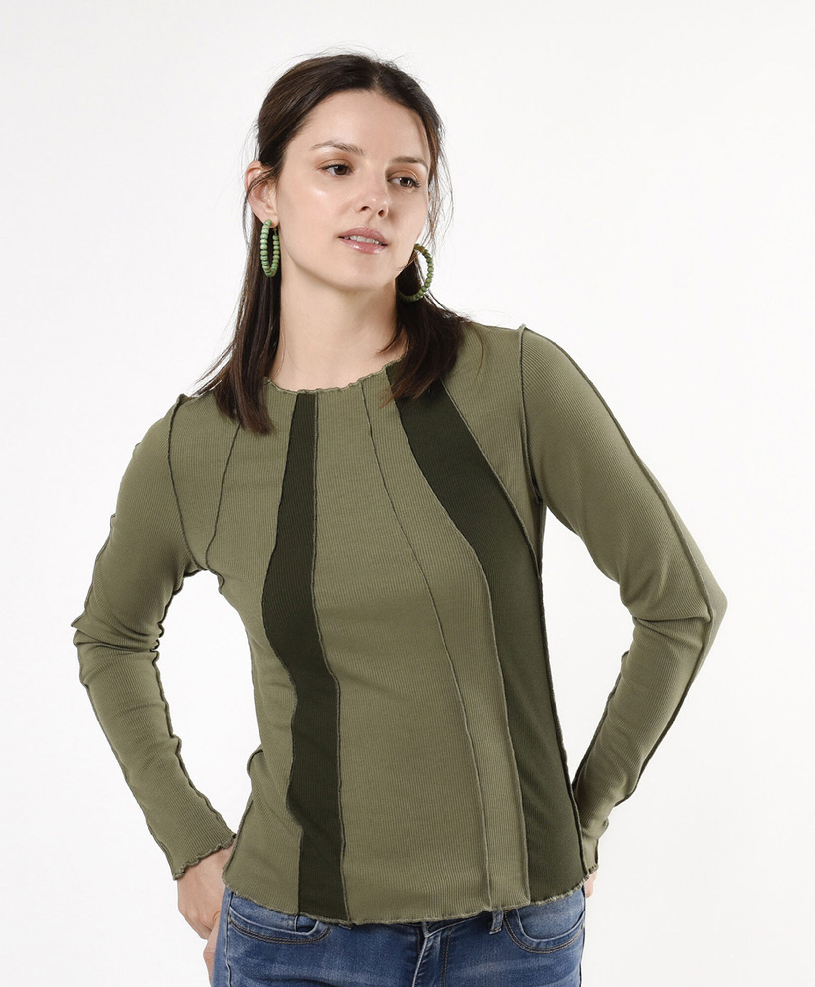 Polera mujer costuras bicolor verde Polera mujer costuras bicolor verde
