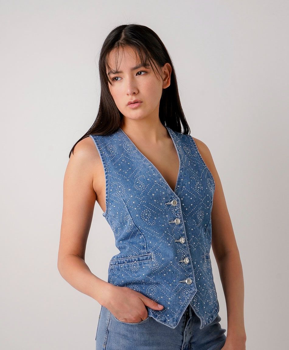 Vest mujer denim brillos