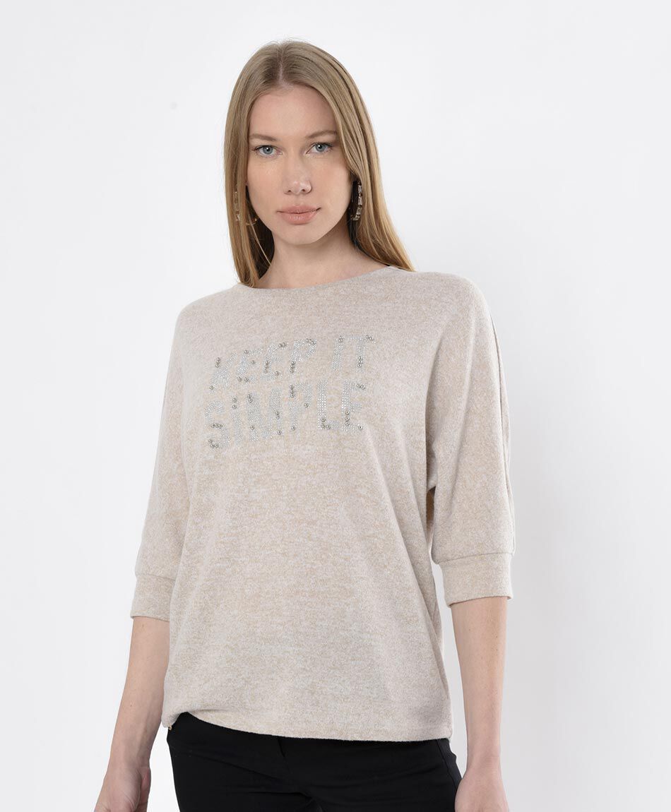 Polera mujer texto perlas y brillos