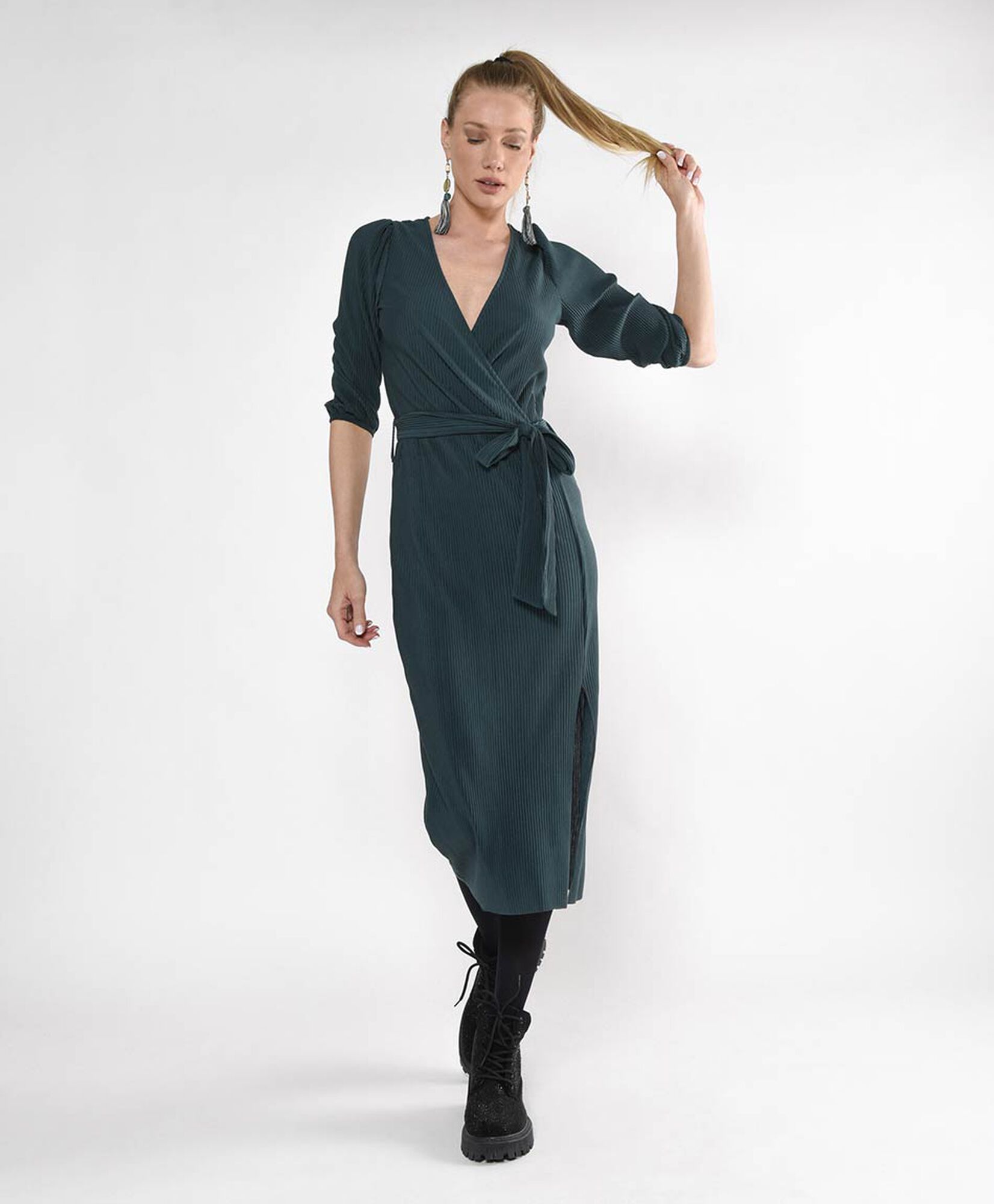 Vestido midi mujer cruzado canalé Vestido midi mujer cruzado canalé