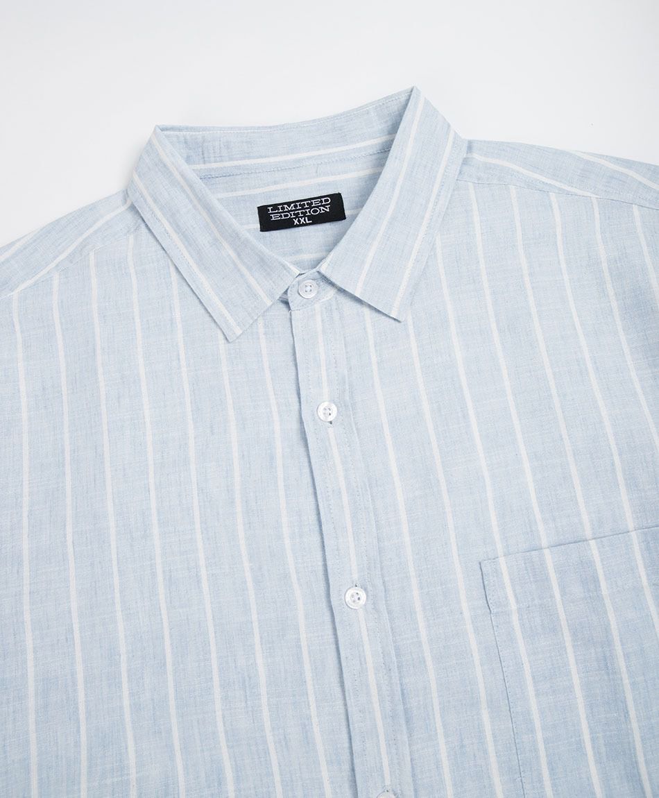 Camisa hombre l&iacute;neas lino celeste