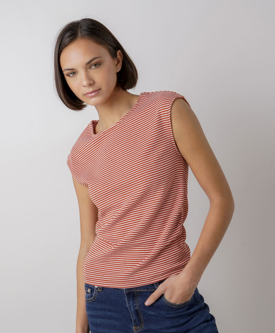 Polera mujer listada manga mini roja
