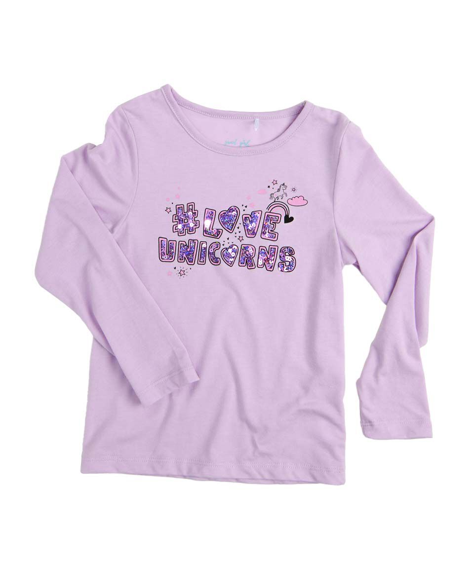 Polera ni&ntilde;a texto con lentejuelas manga larga