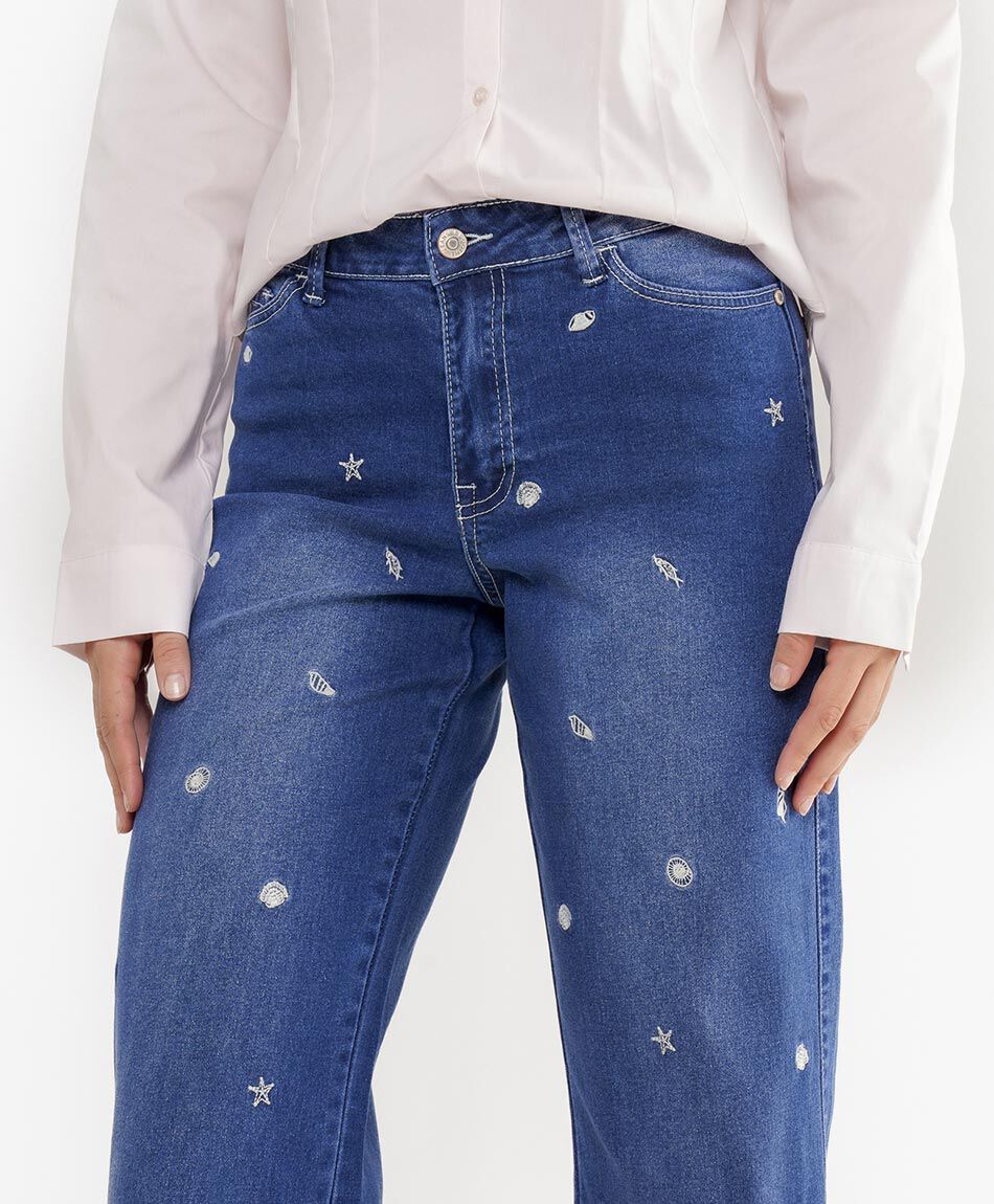 Jeans mujer wide leg bordado frontal