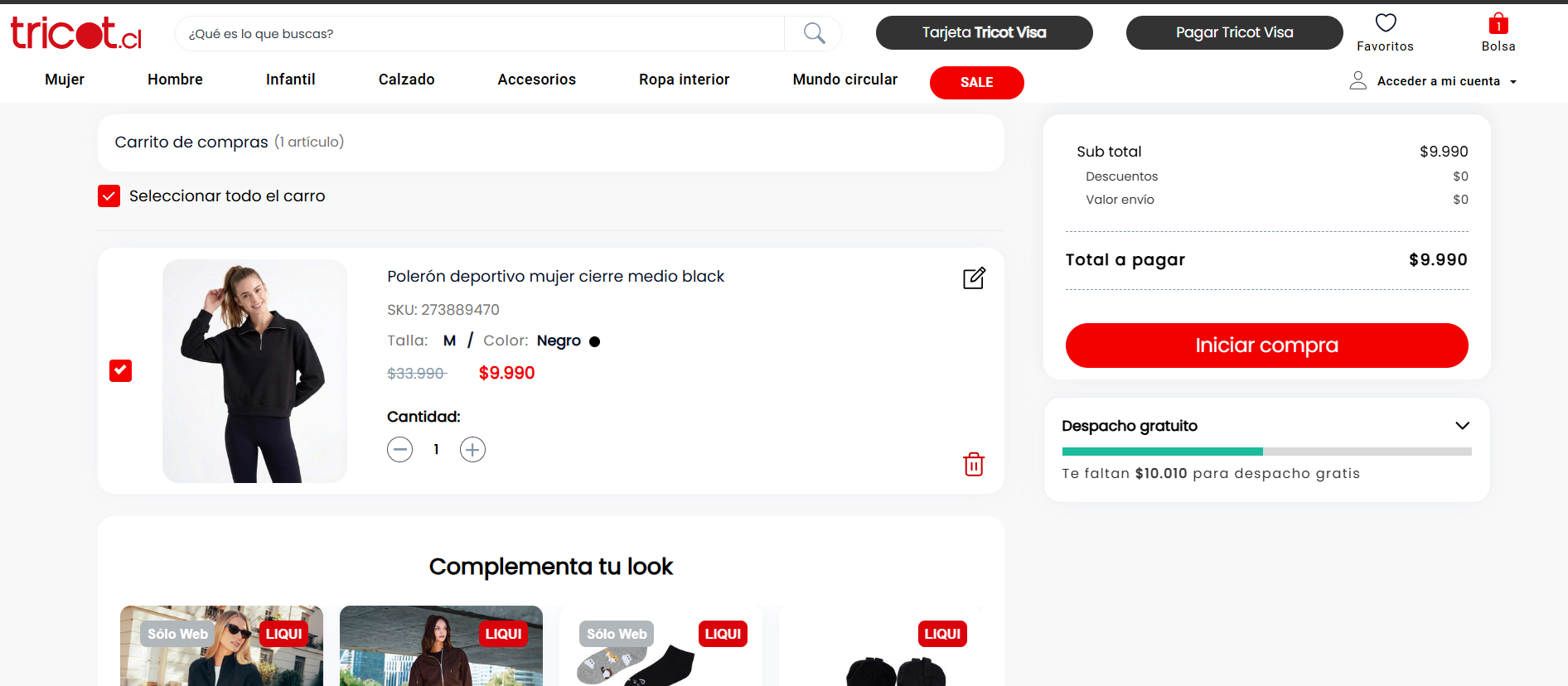Captura de pantalla del producto con el carrito y el botón Agregar