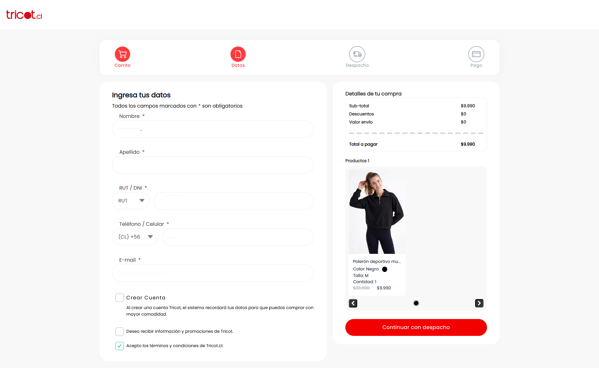 Captura de pantalla del producto con el carrito y el botón Agregar