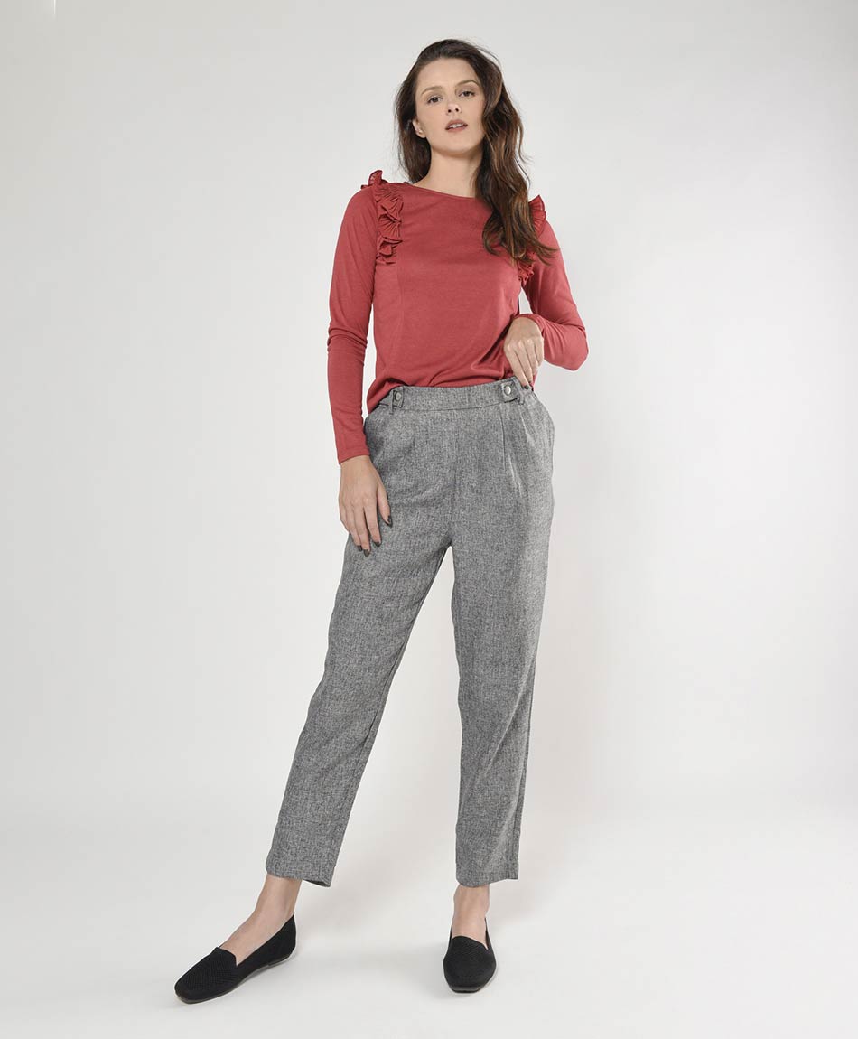 Pantalón mujer liso pinzas y botones - TRICOT