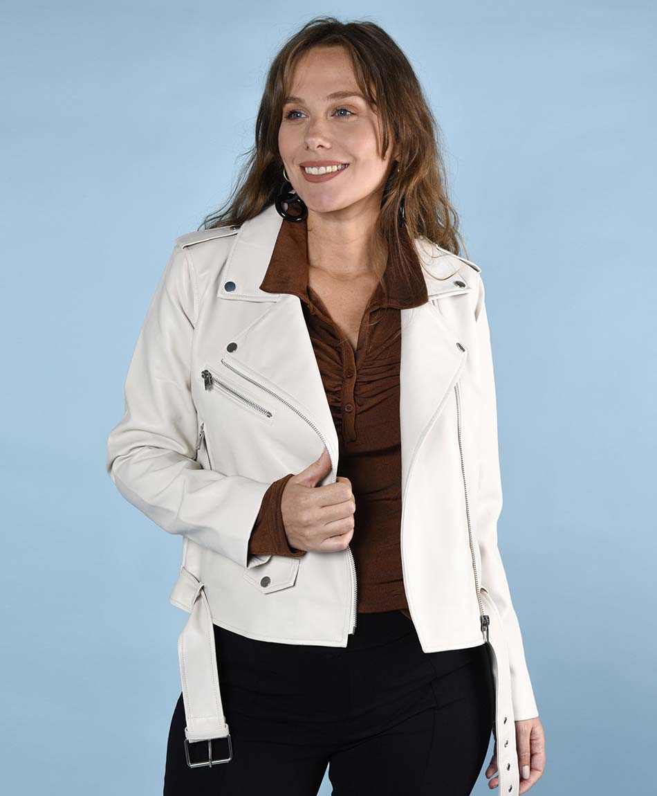 Moda Chamarra Biker Blanca Chaqueta Biker Blanca De Poliuretano