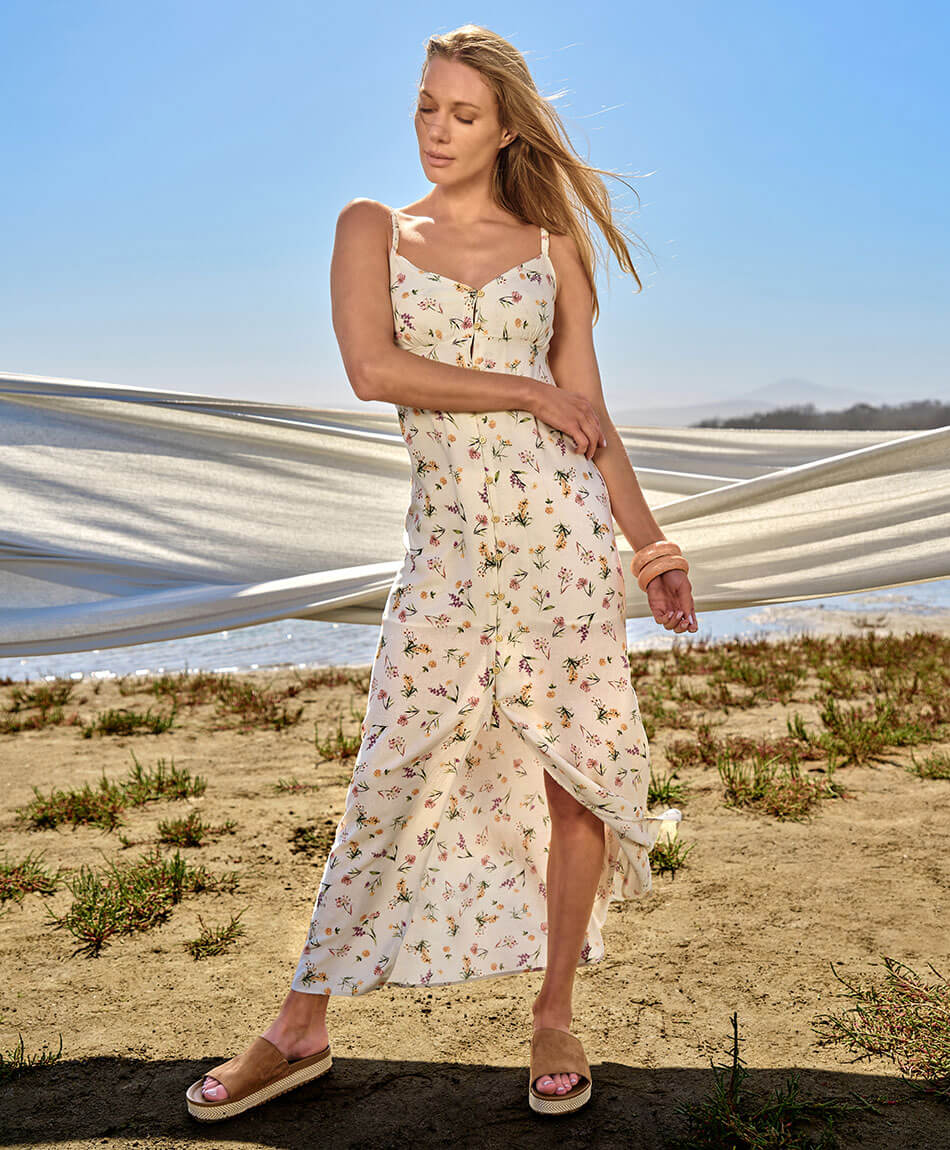 Vestido largo mujer lino floral TRICOT